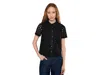 Cece Eyelet Short Sleeve Collared Button Down Top In Black