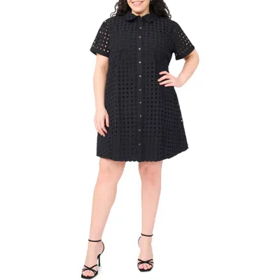 Cece Eyelet Short Sleeve Cotton Shirtdress In Black