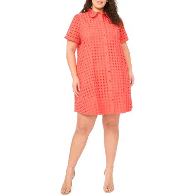 Cece Eyelet Short Sleeve Cotton Shirtdress In Red