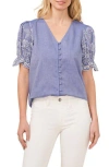 Cece Women's Cotton Floral Puff Sleeve V-neck Blouse In Blue Air