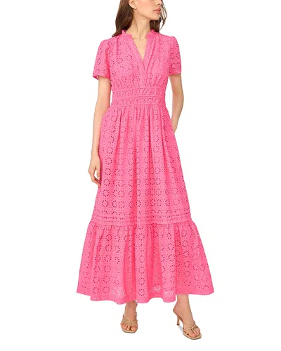 Cece Eyelet Split Neck Maxi Dress In Pink