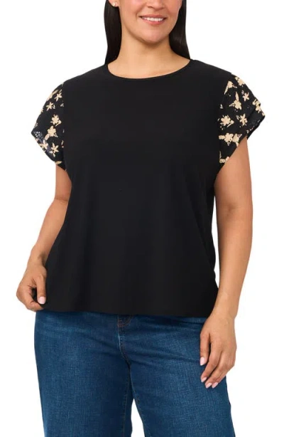 Cece Eyelet Tiered Ruffle Sleeve Stretch Crepe Top In Black