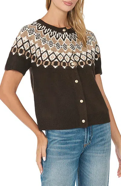 Cece Fair Isle Short Sleeve Cardigan In Brown