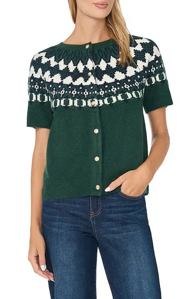 Cece Fair Isle Short Sleeve Cardigan In Windsor Moss