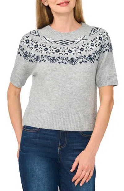 Cece Fair Isle Short Sleeve Sweater In Light Heather Grey