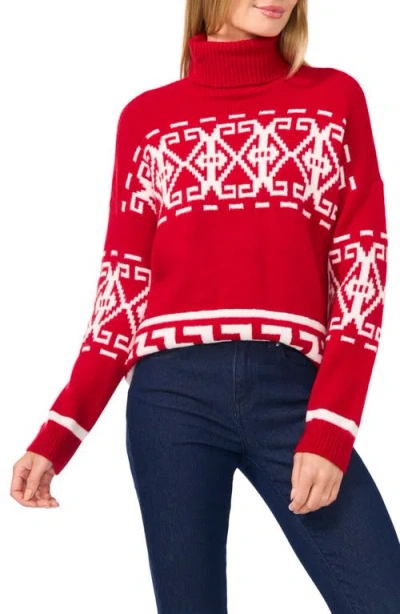 Cece Fair Isle Turtleneck Sweater In Glamour Red