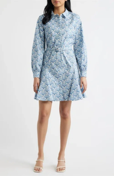 Cece Fan Print Belted Button-up Shirtdress In Blue