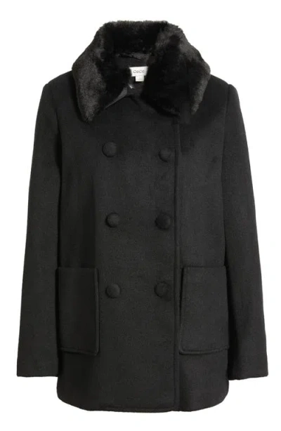 Cece Faux Fur Collar Double Breasted Coat In Black