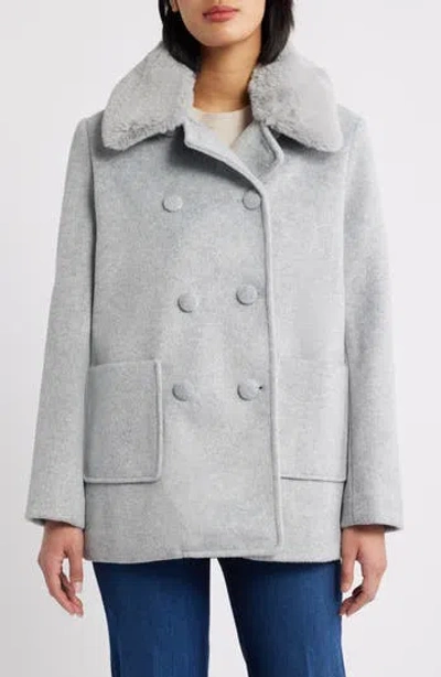 Cece Faux Fur Collar Double Breasted Coat In Gray