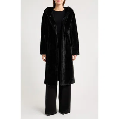 Cece Faux Fur Hooded Coat In Black