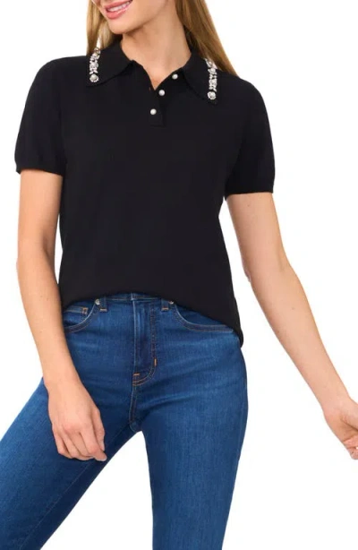 Cece Faux Gem Embellished Polo Sweater In Rich Black