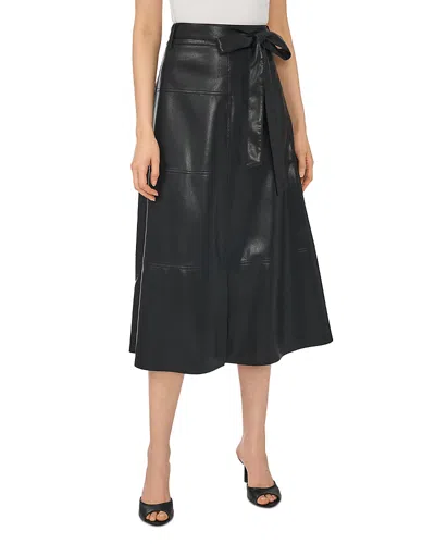 Cece Tie Waist Faux Leather Midi Skirt In Black