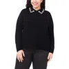 Cece Faux Pearl & Rhinestone Detail Collared Sweater In Black