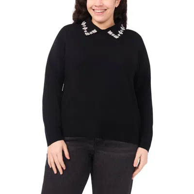 Cece Faux Pearl & Rhinestone Detail Collared Sweater In Black