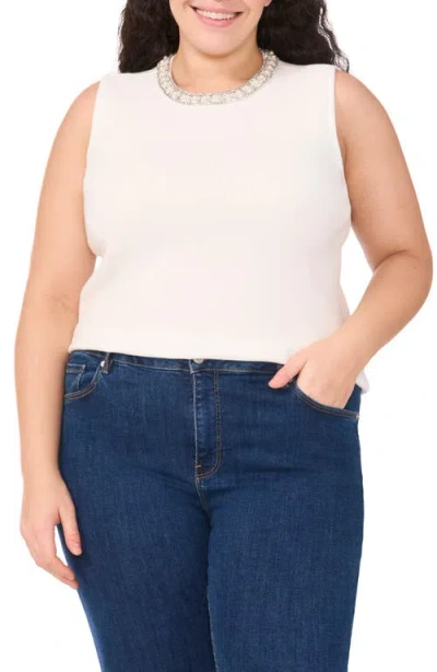 Cece Faux Pearl & Rhinestone Detail Sweater Tank In White