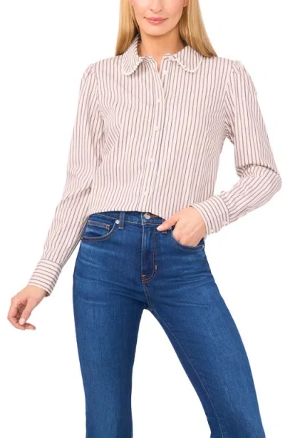 Cece Faux Pearl Detail Stripe Cotton Button-up Shirt In Neutral