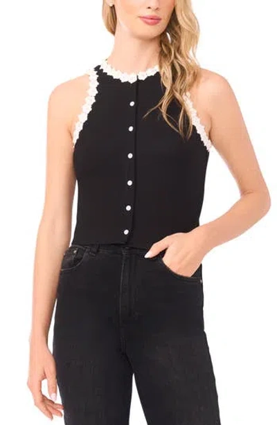 Cece Faux Pearl Floral Trim Sleeveless Top In Rich Black