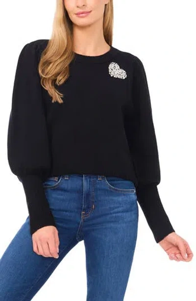 Cece Faux Pearl Heart Embellished Crewneck Sweater In Black