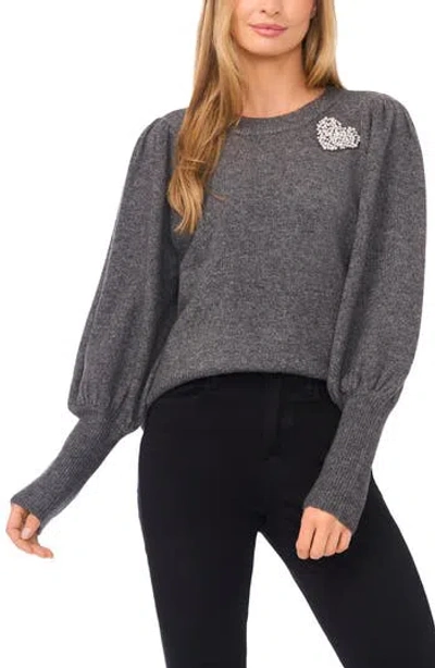Cece Faux Pearl Heart Embellished Crewneck Sweater In Gray