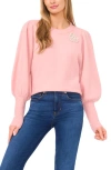 Cece Faux Pearl Heart Embellished Crewneck Sweater In Pink