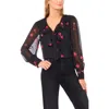 Cece Floral Metallic Split Neck Top In Black