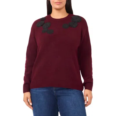 Cece Floral Appliqué Crewneck Sweater In Red