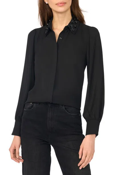 Cece Floral Appliqué Long Sleeve Shirt In Rich Black