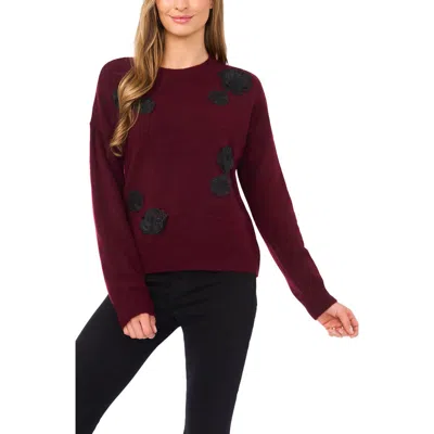 Cece Floral Appliqué Sweater In Burgundy