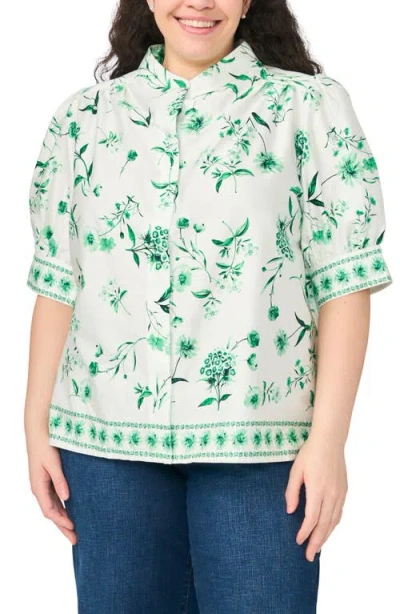 Cece Floral Band Collar Placket Button-up Shirt In White