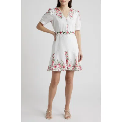 Cece Floral Belted Puff Sleeve Midi Dress In White