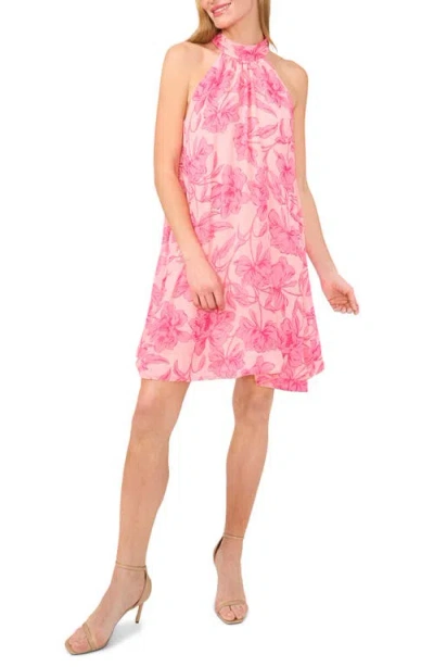 Cece Floral Bow Back Trapeze Minidress In Bright Rose