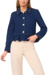 Cece Long Sleeve Collared Peplum Denim Jacket In Blue