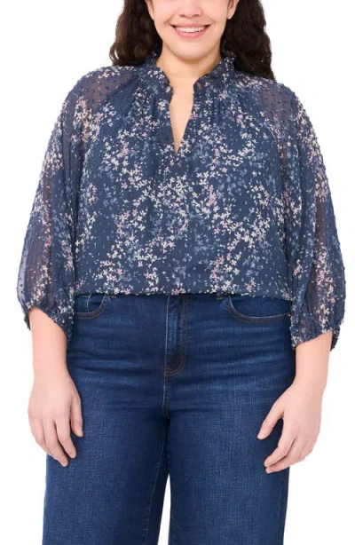 Cece Floral Clip Dot Ruffle V-neck Top In Blue