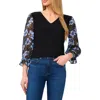Cece Floral Clip Dot Sleeve V-neck Mixed Media Top In Mod Black