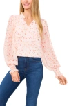 Cece Floral Clip Dot Smocked Cuff V-neck Top In New Ivory