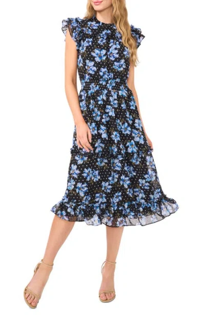 Cece Floral Clip Dot Smocked Ruffle Midi Dress In Serene Blue