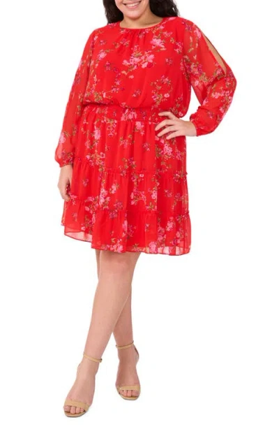 Cece Floral Cold Shoulder Long Sleeve Tiered Dress In Scarlet Glow