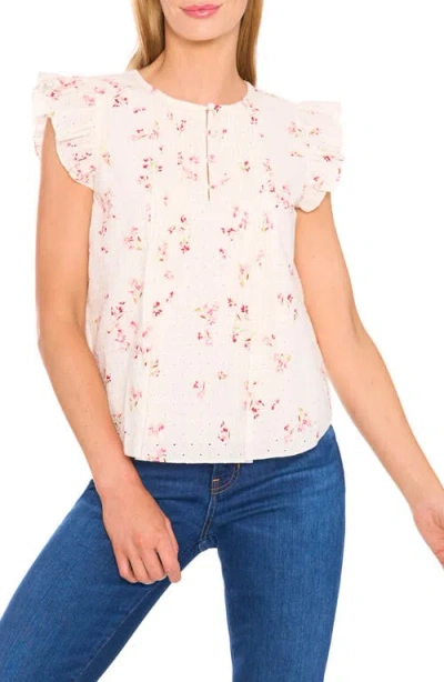 Cece Floral Cotton Eyelet Top In White