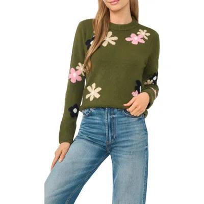 Cece Floral Crewneck Sweater In Green
