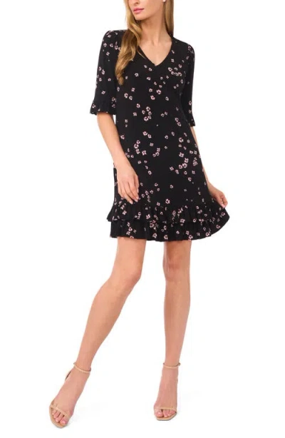 Cece Floral Double Flounce Hem Knit Dress In Black
