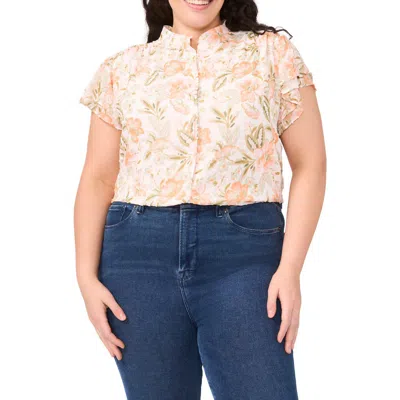 Cece Floral Double Flutter Button-up Top In Neutral