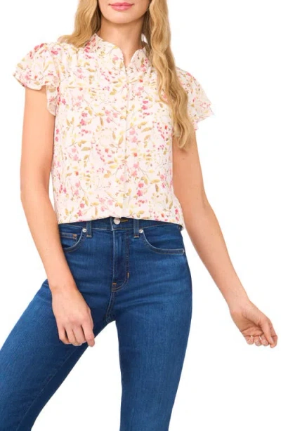 Cece Floral Double Flutter Short Sleeve Top In New Ivory
