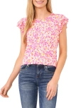 CECE FLORAL DOUBLE RUFFLE SLEEVE STRETCH CREPE KNIT TOP