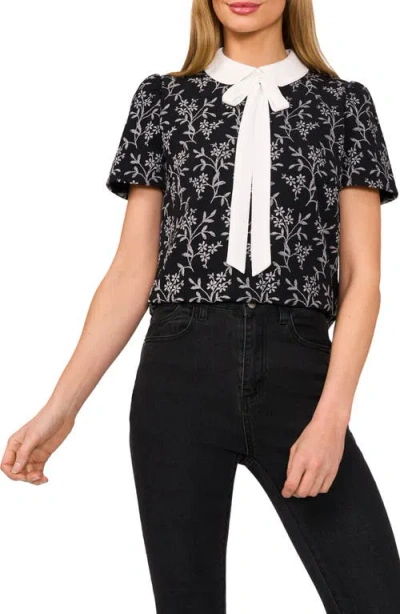 Cece Floral Embroidered Bow Collar Top In Black
