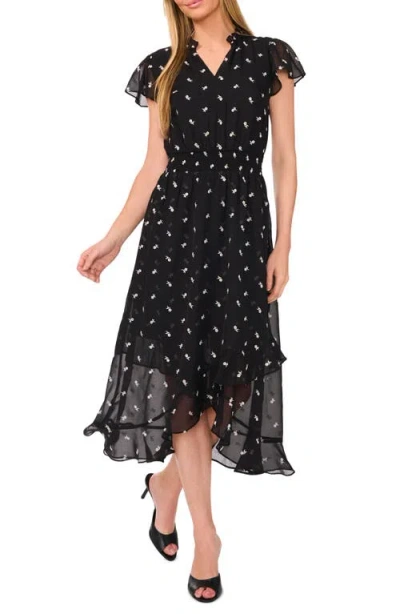 Cece Floral Embroidered Chiffon Midi Dress In Rich Black