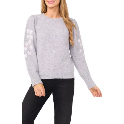 Cece Floral Embroidered Crewneck Sweater In Gray