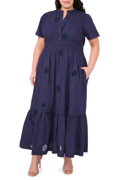 CECE CECE FLORAL EMBROIDERED FLOUNCE HEM COTTON MAXI DRESS