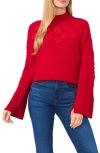Cece Floral Embroidered Mock Neck Sweater In Glamour Red