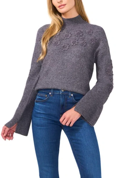 Cece Floral Embroidered Mock Neck Sweater In Medium Heather Grey