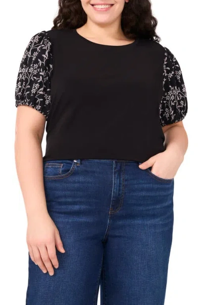 Cece Floral Embroidered Puff Sleeve T-shirt In Black